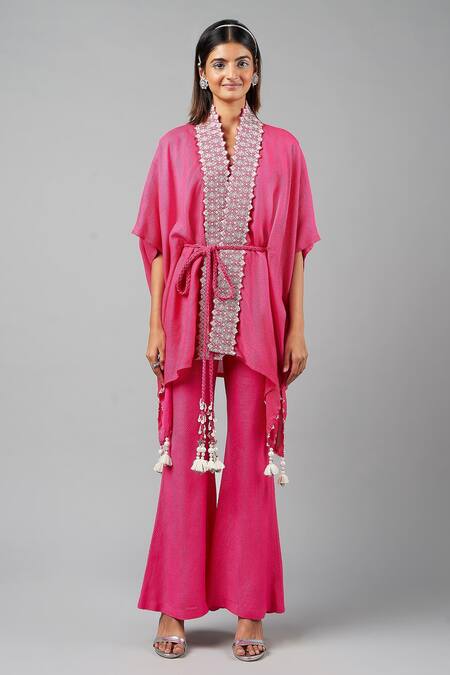 Inej_Fuchsia Rayon Pearls, Tassels Paisley Embroidered Kaftan With Bell Bottom Pant_Online_at_Aza_Fashions