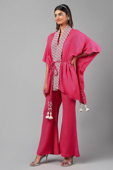 Buy_Inej_Fuchsia Rayon Pearls, Tassels Paisley Embroidered Kaftan With Bell Bottom Pant_Online_at_Aza_Fashions