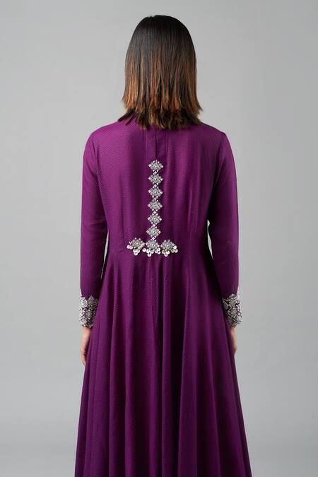 Shop_Inej_Purple Rayon Embroidery Round Neck Kairi Side Slit Anarkali With Pant_Online_at_Aza_Fashions