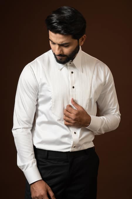 PAARSH_White Cotton Embroidery Pintuck Yoke Shirt _Online_at_Aza_Fashions