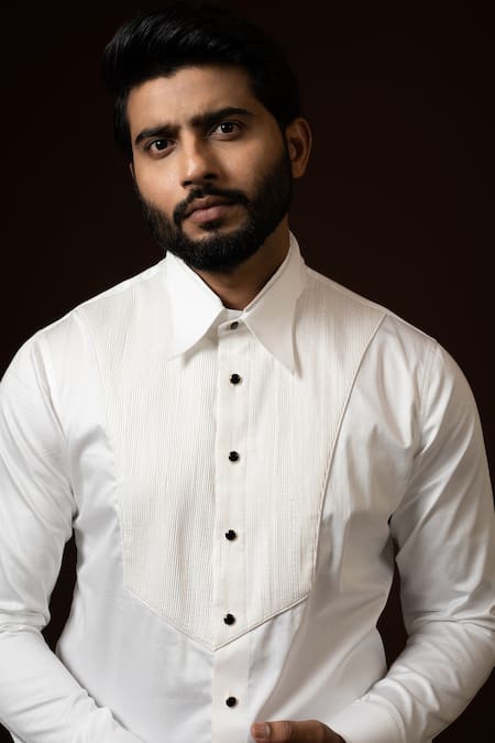 Buy_PAARSH_White Cotton Embroidery Pintuck Yoke Shirt _Online_at_Aza_Fashions