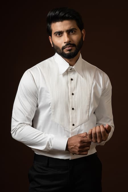 Shop_PAARSH_White Cotton Embroidery Pintuck Yoke Shirt _Online_at_Aza_Fashions