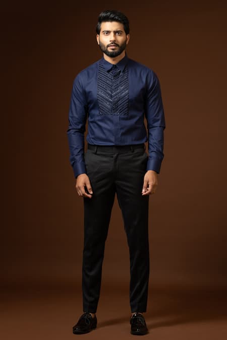 Paarsh_Blue Cotton Embroidery Cut Dana Yoke Shirt _Online_at_Aza_Fashions