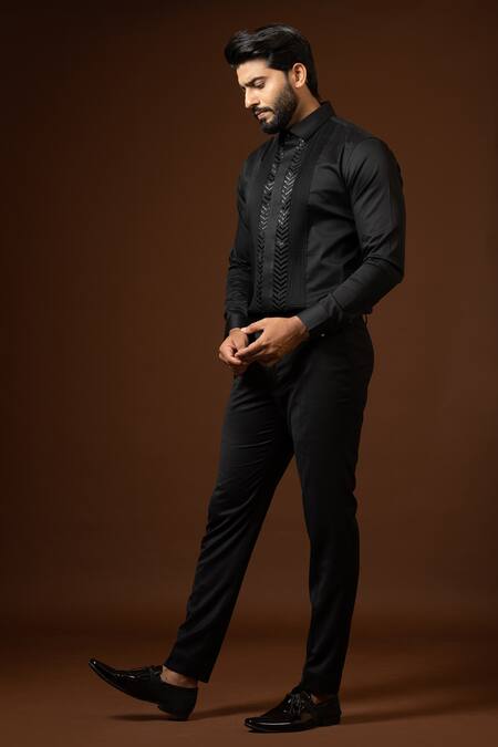 Paarsh_Black Cotton Embroidery Placement Cut Dana Shirt _Online_at_Aza_Fashions