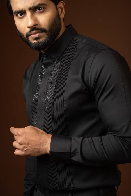 Buy_Paarsh_Black Cotton Embroidery Placement Cut Dana Shirt _Online_at_Aza_Fashions