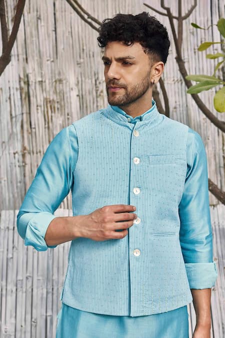 Charkhee_Blue Denim, Cotton Beads Hand Embroidered Dobby Jacket_Online_at_Aza_Fashions