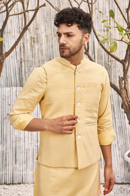 Charkhee_Yellow Beads Pastel Hand Embroidered Jacket_Online_at_Aza_Fashions