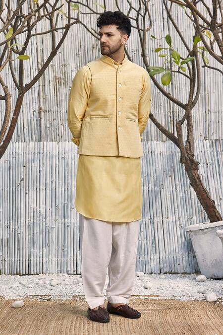 Buy_Charkhee_Yellow , Satin Beads Pastel Hand Embroidered Bundi Set_Online_at_Aza_Fashions