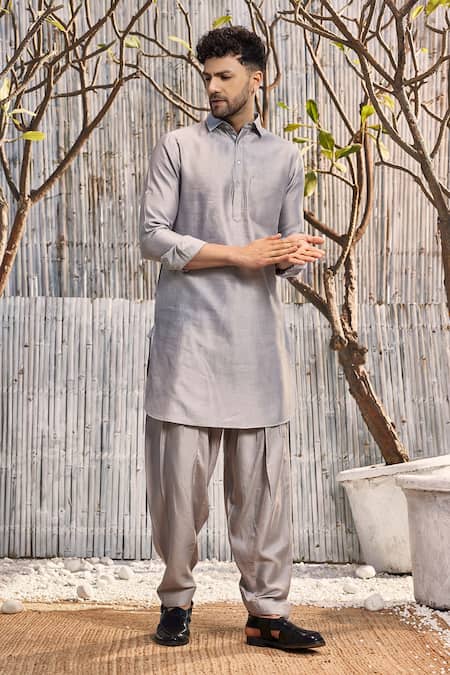 Buy_Charkhee_Gray Chanderi, Cotton Satin Embroidery, Beads Steel Grey Bundi Jacket Set _Online_at_Aza_Fashions