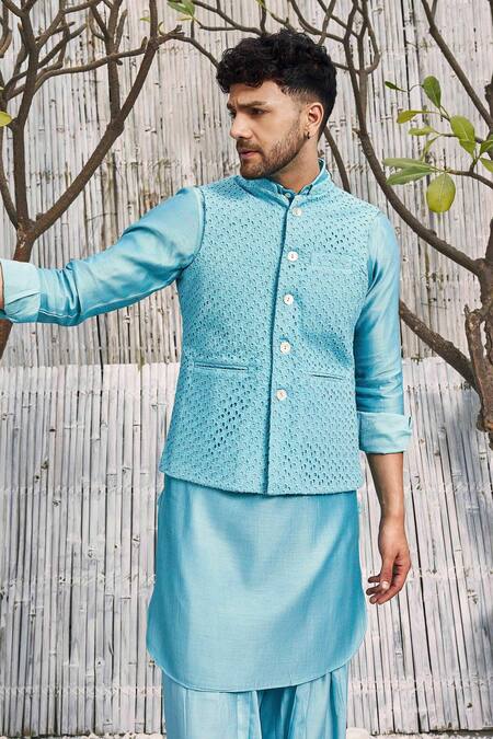 Shop Charkhee Blue Chanderi, , Satin Pathani Kurta And Salwar Set Online at Aza Fashions Shop_Charkhee_Blue Chanderi, , Satin Pathani Kurta And Salwar Set _Online_at_Aza_Fashions
