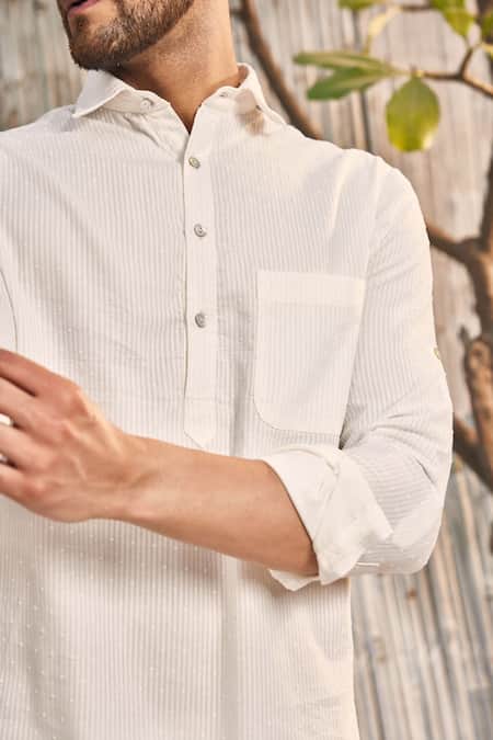 Charkhee_Off White , Satin Solid Pathani Kurta And Salwar Set_Online_at_Aza_Fashions