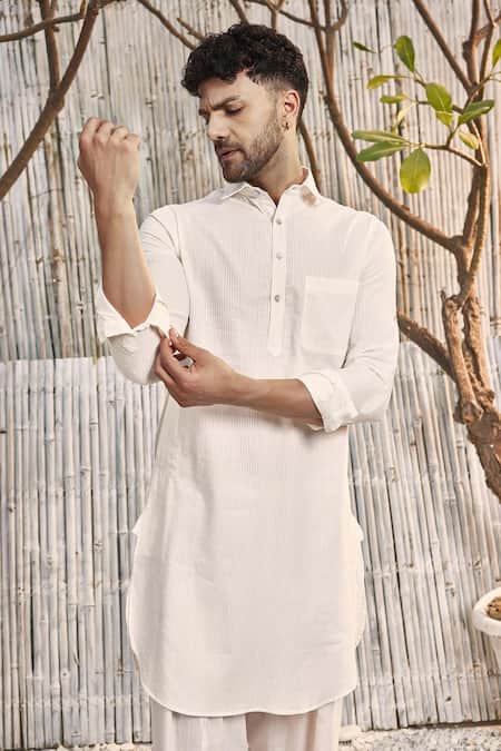 Buy_Charkhee_Off White , Satin Solid Pathani Kurta And Salwar Set_Online_at_Aza_Fashions