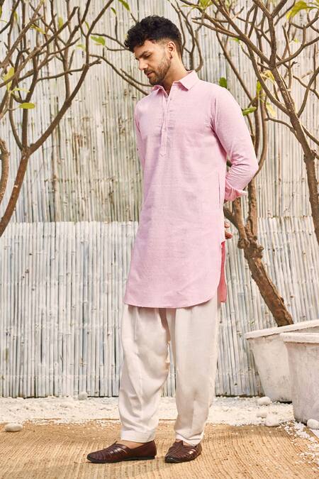 Charkhee_Pink Kurta  Dobby Cotton Solid Full Sleeve Pathani And Salwar Set_Online_at_Aza_Fashions