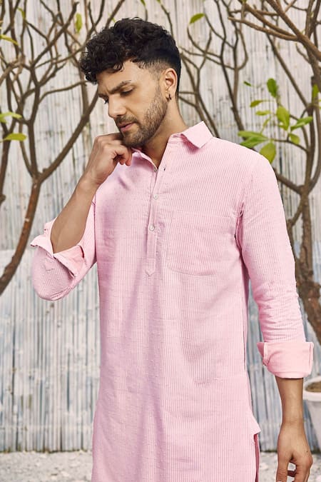 Buy_Charkhee_Pink Kurta  Dobby Cotton Solid Full Sleeve Pathani And Salwar Set_Online_at_Aza_Fashions