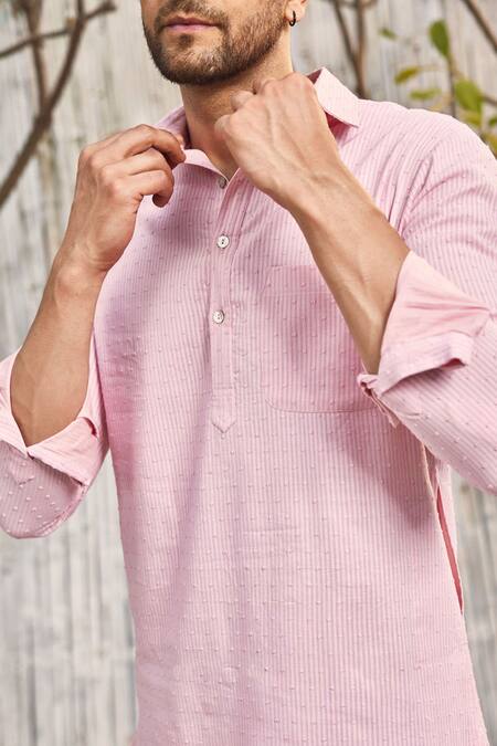 Shop_Charkhee_Pink Kurta  Dobby Cotton Solid Full Sleeve Pathani And Salwar Set_Online_at_Aza_Fashions