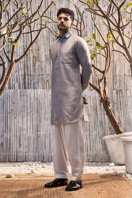 Charkhee Grey Chanderi, Satin, Full Sleeve Pathani Kurta And Salwar Set Online at Aza Fashions Charkhee_Grey Chanderi, Satin, Full Sleeve Pathani Kurta And Salwar Set _Online_at_Aza_Fashions