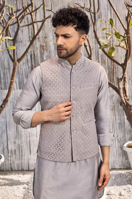 Shop Charkhee Grey Chanderi, Satin, Full Sleeve Pathani Kurta And Salwar Set Online at Aza Fashions Shop_Charkhee_Grey Chanderi, Satin, Full Sleeve Pathani Kurta And Salwar Set _Online_at_Aza_Fashions