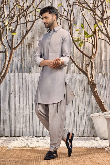 Charkhee Grey Kurta Chanderi Solid Full Sleeve Pathani And Salwar Set Online at Aza Fashions Charkhee_Grey Kurta Chanderi Solid Full Sleeve Pathani And Salwar Set _Online_at_Aza_Fashions