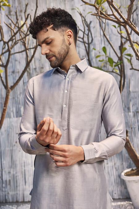 Buy Charkhee Grey Kurta Chanderi Solid Full Sleeve Pathani And Salwar Set Online at Aza Fashions Buy_Charkhee_Grey Kurta Chanderi Solid Full Sleeve Pathani And Salwar Set _Online_at_Aza_Fashions