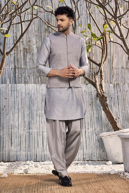 Shop Charkhee Grey Kurta Chanderi Solid Full Sleeve Pathani And Salwar Set Online at Aza Fashions Shop_Charkhee_Grey Kurta Chanderi Solid Full Sleeve Pathani And Salwar Set _Online_at_Aza_Fashions
