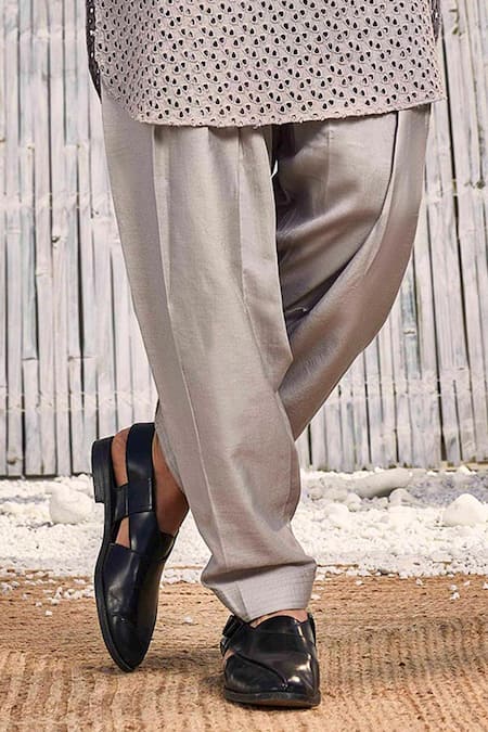 Charkhee Grey Kurta Schiffli Solid Pathani And Salwar Set at Aza Fashions Charkhee_Grey Kurta Schiffli Solid Pathani And Salwar Set_at_Aza_Fashions