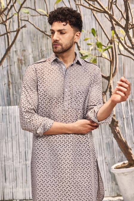 Charkhee Grey Kurta Schiffli Solid Pathani And Salwar Set Online at Aza Fashions Charkhee_Grey Kurta Schiffli Solid Pathani And Salwar Set_Online_at_Aza_Fashions