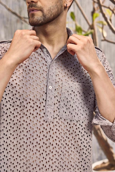 Buy Charkhee Grey Kurta Schiffli Solid Pathani And Salwar Set Online at Aza Fashions Buy_Charkhee_Grey Kurta Schiffli Solid Pathani And Salwar Set_Online_at_Aza_Fashions