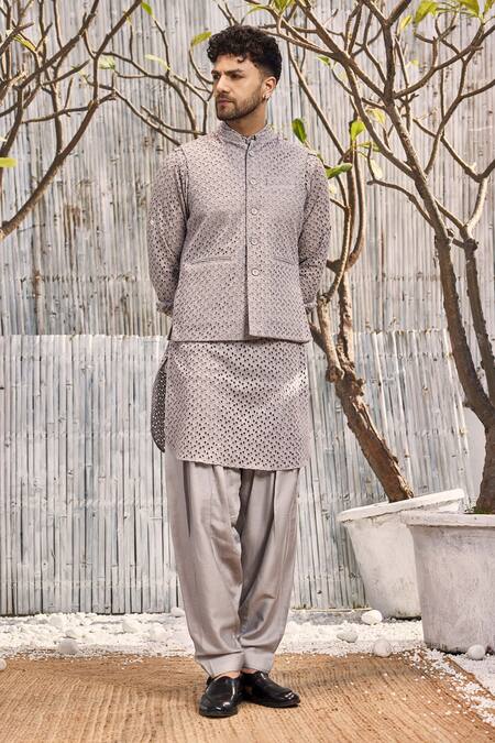Shop Charkhee Grey Kurta Schiffli Solid Pathani And Salwar Set Online at Aza Fashions Shop_Charkhee_Grey Kurta Schiffli Solid Pathani And Salwar Set_Online_at_Aza_Fashions