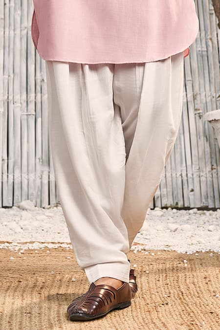 Shop_Charkhee_Pink Kurta  Dobby Cotton Solid Mandarin Collar Pathani And Salwar Set _Online_at_Aza_Fashions