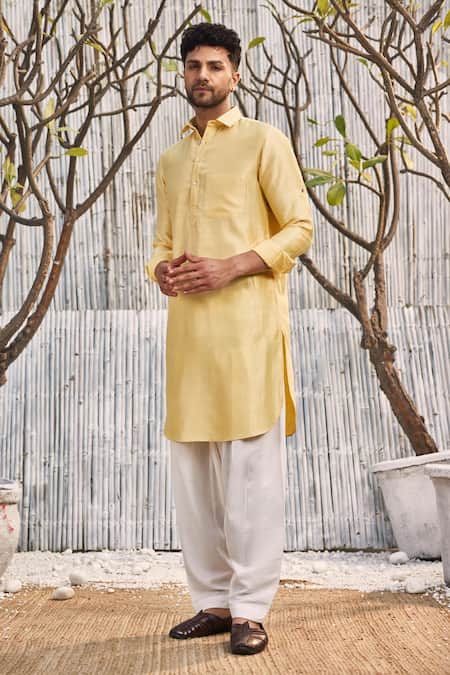 Charkhee Yellow Chanderi, , Satin Full Sleeve Pathani Kurta And Salwar Set Online at Aza Fashions Charkhee_Yellow Chanderi, , Satin Full Sleeve Pathani Kurta And Salwar Set _Online_at_Aza_Fashions