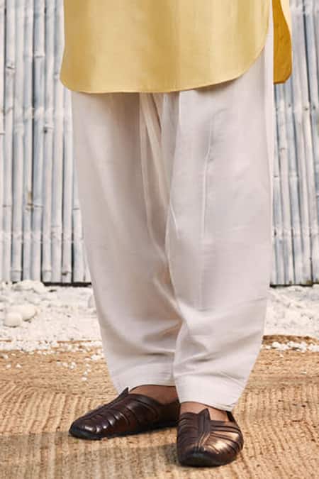 Charkhee Yellow Chanderi, , Satin Full Sleeve Pathani Kurta And Salwar Set at Aza Fashions Charkhee_Yellow Chanderi, , Satin Full Sleeve Pathani Kurta And Salwar Set _at_Aza_Fashions