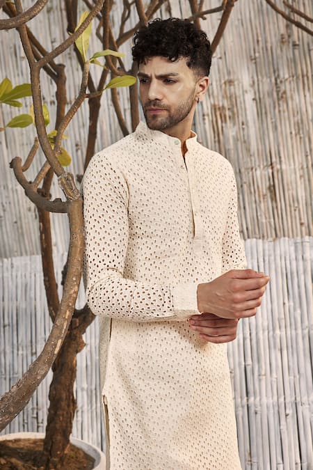 Charkhee Ivory , Satin Embroidery Schiffli Straight Kurta And Salwar Set Online at Aza Fashions Charkhee_Ivory , Satin Embroidery Schiffli Straight Kurta And Salwar Set_Online_at_Aza_Fashions