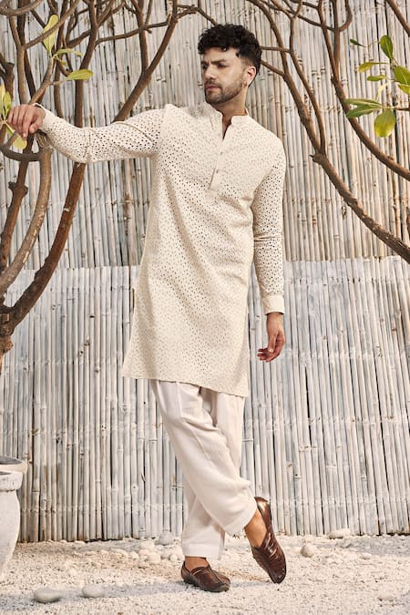 Buy Charkhee Ivory , Satin Embroidery Schiffli Straight Kurta And Salwar Set Online at Aza Fashions Buy_Charkhee_Ivory , Satin Embroidery Schiffli Straight Kurta And Salwar Set_Online_at_Aza_Fashions