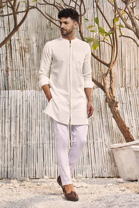 Buy_Charkhee_Off White Dobby Cotton Solid Mandarin Collar Short Kurta_Online_at_Aza_Fashions
