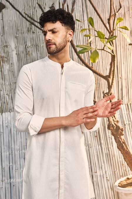 Shop Charkhee Off White Cotton, Poplin Mandarin Collar Short Kurta And Salwar Set Online at Aza Fashions Shop_Charkhee_Off White Cotton, Poplin Mandarin Collar Short Kurta And Salwar Set_Online_at_Aza_Fashions