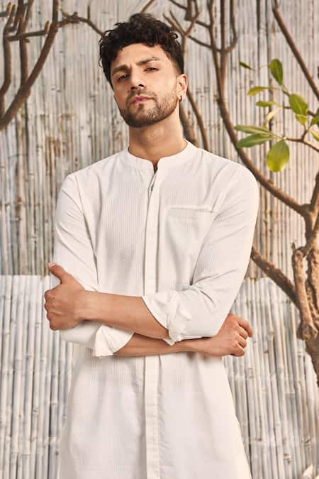 Charkhee Off White Cotton, Poplin Mandarin Collar Short Kurta And Salwar Set at Aza Fashions Charkhee_Off White Cotton, Poplin Mandarin Collar Short Kurta And Salwar Set_at_Aza_Fashions