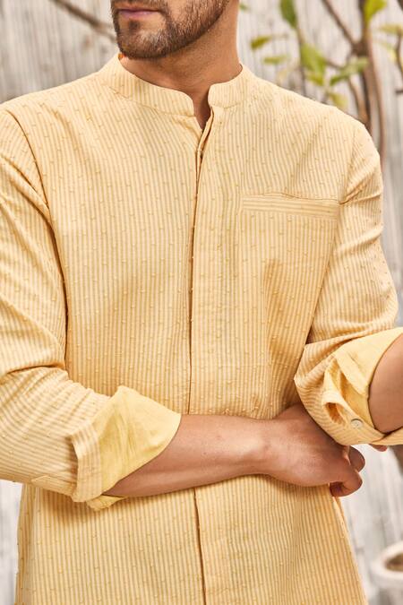 Buy_Charkhee_Off White Kurta  Dobby Cotton Solid Full Sleeve Short And Salwar Set_Online_at_Aza_Fashions