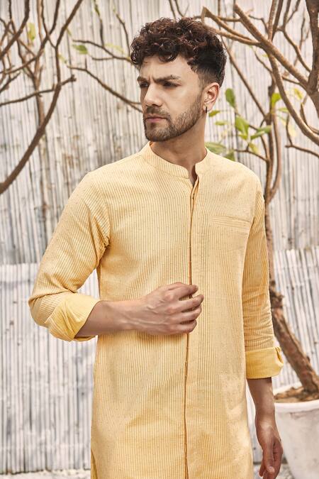 Shop_Charkhee_Off White Kurta  Dobby Cotton Solid Full Sleeve Short And Salwar Set_Online_at_Aza_Fashions