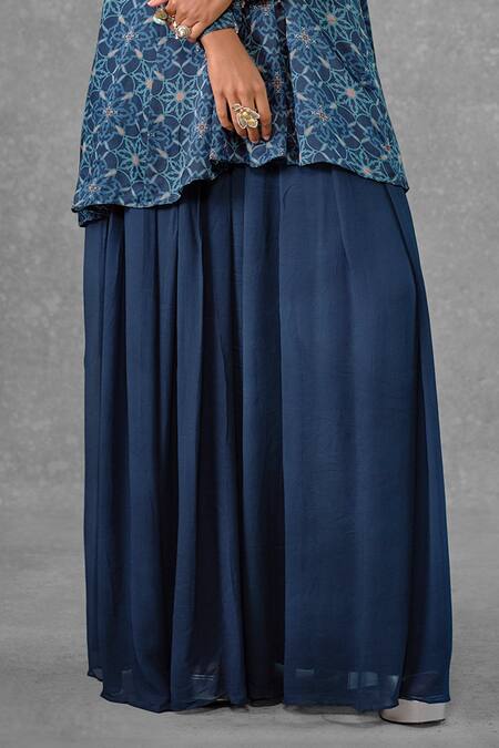 Riraan Couture_Blue Cotton Satin, Rayon, Georgette Printed Kalidar Tunic And Pleated Pant Set_Online_at_Aza_Fashions