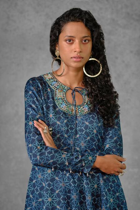 Buy_Riraan Couture_Blue Cotton Satin, Rayon, Georgette Printed Kalidar Tunic And Pleated Pant Set_Online_at_Aza_Fashions