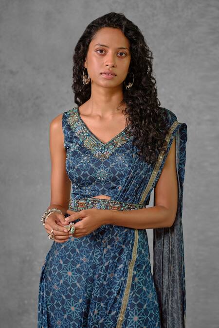 Riraan Couture_Blue Cotton Satin, Rayon Beads, Printed Pre-draped Saree With Sleeveless Blouse_Online_at_Aza_Fashions