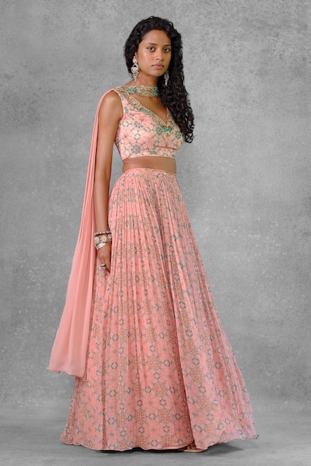 Riraan Couture_Pink Cotton Satin, Georgette, Rayon Embroidery, Beads V-neck Printed Lehenga Set_Online_at_Aza_Fashions
