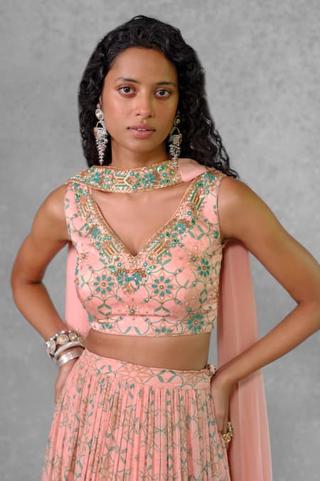 Buy_Riraan Couture_Pink Cotton Satin, Georgette, Rayon Embroidery, Beads V-neck Printed Lehenga Set_Online_at_Aza_Fashions