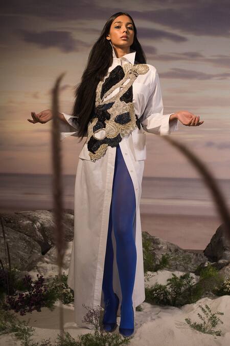 Shop AK-OK Blue Cotton, Lycra Beads Asymmetric Embellished Cut-out Holster Online at Aza Fashions Shop_AK-OK_Blue Cotton, Lycra Beads Asymmetric Embellished Cut-out Holster _Online_at_Aza_Fashions