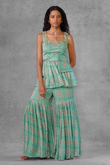 Riraan Couture_Green Cotton Satin, Net, Rayon Beads, Cut Floral Print Peplum Kurta Sharara Set_Online_at_Aza_Fashions