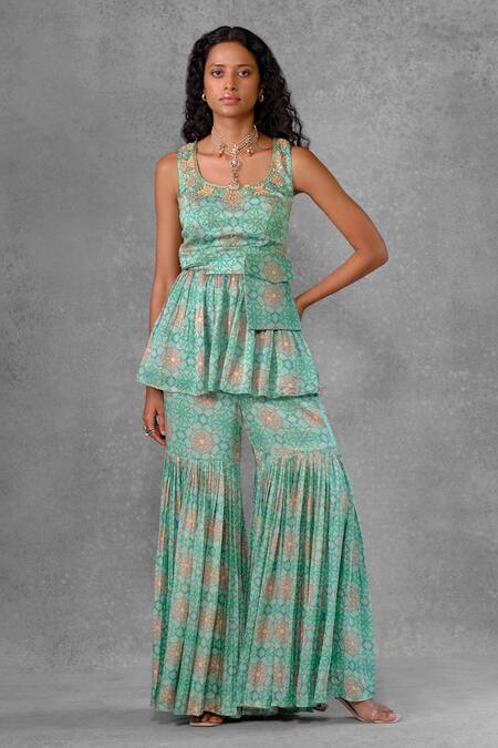 Buy_Riraan Couture_Green Cotton Satin, Net, Rayon Beads, Cut Floral Print Peplum Kurta Sharara Set_Online_at_Aza_Fashions