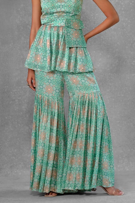 Shop_Riraan Couture_Green Cotton Satin, Net, Rayon Beads, Cut Floral Print Peplum Kurta Sharara Set_Online_at_Aza_Fashions