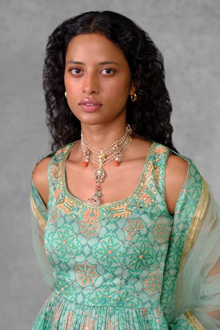 Riraan Couture_Green Cotton Satin, Net, Rayon Beads, Cut Floral Print Peplum Kurta Sharara Set_at_Aza_Fashions