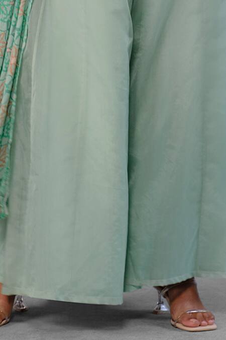 Shop_Riraan Couture_Green Cotton Satin, Rayon, Georgette, Floral Print Jacket And Flared Pant Set_Online_at_Aza_Fashions