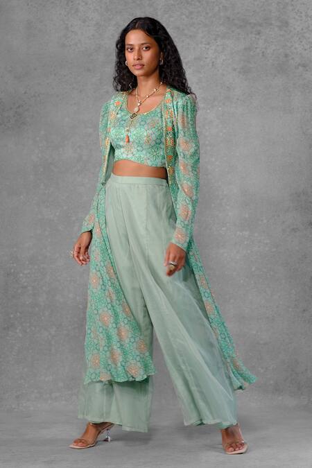 Riraan Couture_Green Cotton Satin, Rayon, Georgette, Floral Print Jacket And Flared Pant Set_Online_at_Aza_Fashions
